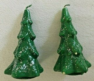 2 Vintage Gurley Christmas Tree Candles Green W/ Glitter 5 " Tall