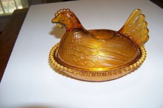 Vintage Amber Glass Nesting Hen Candy Dish