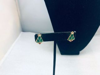 Vtg.  Avon Red & Green Rhinestone Gold Tone Christmas Tree Pierced Earrings