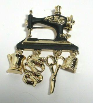 Vintage AJC Black & Gold T.  Old V.  Sewing Machine & Tool ' s Brooch Pin Signed 2