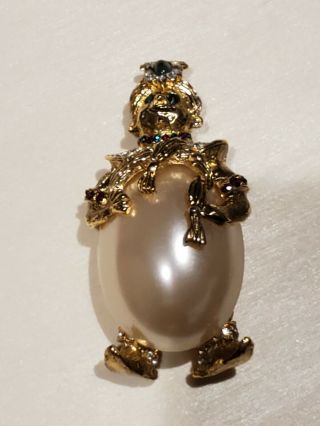 Vintage Gold Tone Faux Pearl Jelly Belly " Genie " Rhinestone Brooch Pin