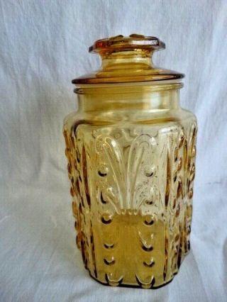 Vintage L.  E.  Smith Amber Honey Glass Atterbury Scroll 9 " Storage Container & Lid