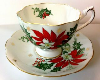 Vintage Queen Anne Noel Poinsettia Teacup & Saucer 5418 Christmas