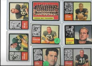 Green Bay Packers 1962 Topps Set - Starr,  Hornung,  Taylor,  Nitschke,  Wood,  10