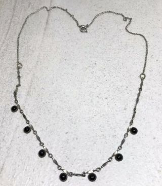 Vintage Art Deco Sterling Silver Black Onyx Pendant 20” Chain Necklace