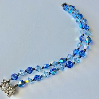 Vintage Double Strand Sapphire Blue Ab Crystal Glass Bead Bracelet 489