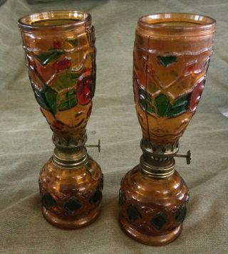 Pair Vintage Miniature Oil Lamps Amber Stained Glass Style (hong Kong) 8 - 1/2 "