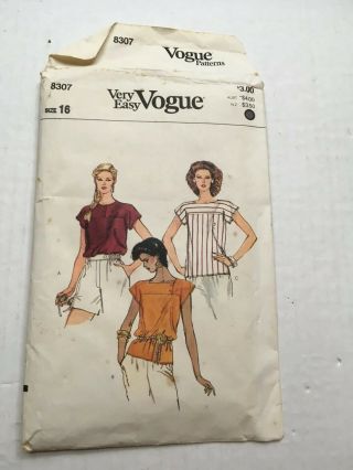 Vintage Vogue Patterns Very Easy Three Blouses No.  8307 Sz 16