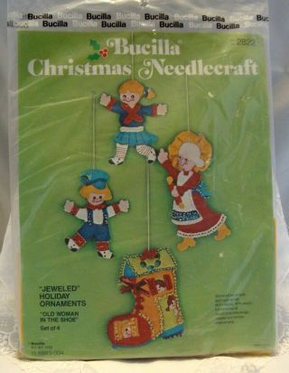 Vintage Bucilla Jeweled Christmas Ornaments Kit Old Woman In The Shoe