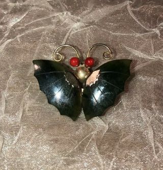 Vintage Jade Butterfly Brooch Pin Pendant Gold Tone Green Red Coral Beaded Eyes