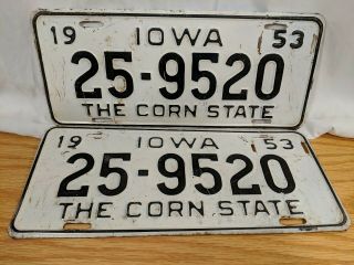 1953 Vintage Iowa License Plate 25 - 9520 Matching Set (n12)