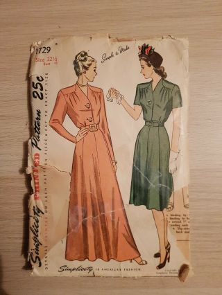 Vintage Simplicity 1729 1940s Ladies Dress Pattern Size 22.  5 Bust 41 " Complete