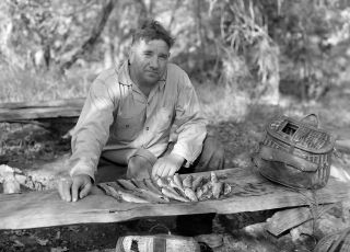 Q457 Photo Negative 3x4 " Vintage Ca 1940s Fishing Trip Man With Small Fish