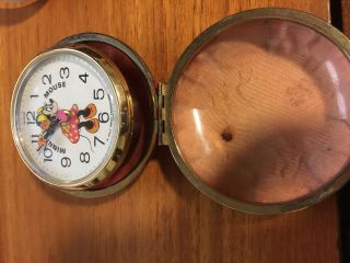 Vintage Minnie Mouse Travel Alarm Clock Red Shell Walt Disney With Bag