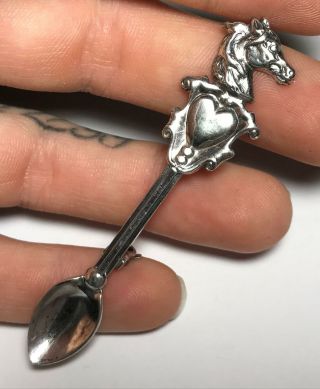 Vintage Horse Head Heart Spoon Miniature Sterling Silver Novelty Pin Brooch