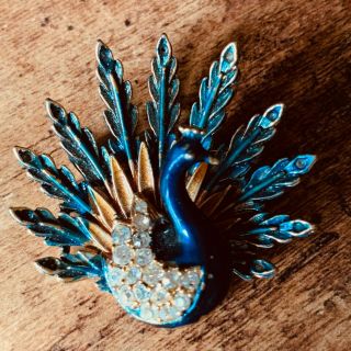 Vintage Signed Art Peacock Brooch - Blue & Green Enamel With Rhinestone Details