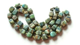 Czech Vintage Art Deco Hand Knotted Glass Cube Bead Necklace