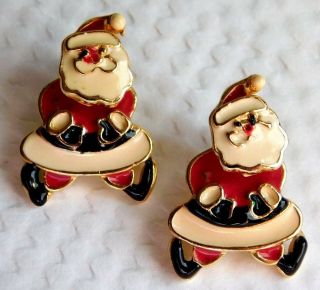Cute Vtg Christmas Santa 2 - Part Head & Body Pierced Enamel Moving Earrings D75