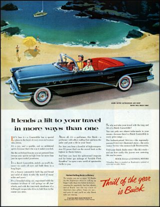 1955 Buick Century Convertible Car Ocean Beach Boat Vintage Art Print Ad Adl17