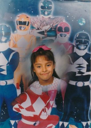 Oc3b Vintage Snapshot Color Photo 3x5 Girl Poses With Power Rangers