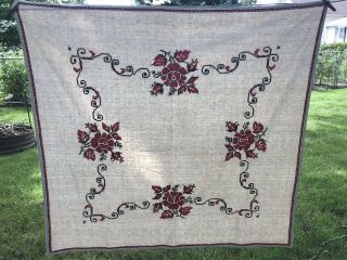 Vintage Tablecloth Hand Embroidered Red & Black Cross Stitch 49 1/2” X 46 1/6”