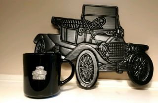 Vtg Black Coffee Mug Cup With Pewter Ford Model T Emblem & Model T Wall Decor