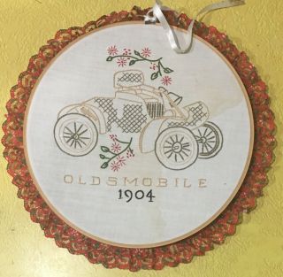Vintage Framed Needlework 1904 Oldsmobile Car Cross Stitch Embroidery