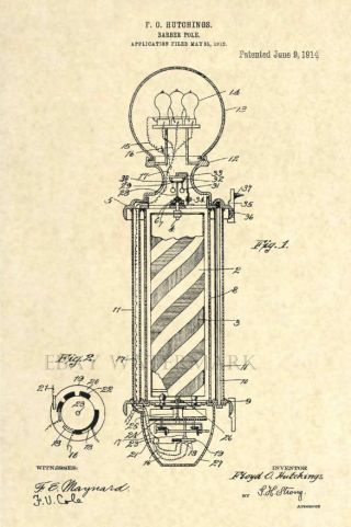 Official Barber Pole Us Patent Art Print - 1914 Vintage Antique Art - 29