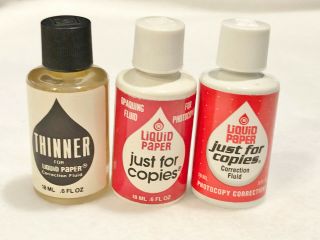 3 Vintage Liquid Paper - Just For Copies / Thinner - Dried Up - Collectors Item