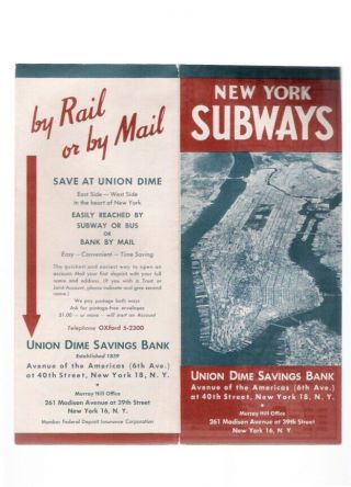 Vintage 1958 York Subways Union Dime Savings Bank Map And Guide