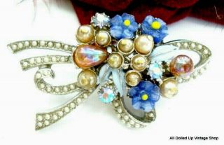 Vintage Signed Florenza Floral Bouquet Brooch Flowers Faux Pearls Ab Rhinestones