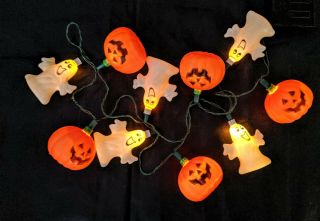 Vintage 10 Light Set Blow Mold Halloween String Lights Pumpkins & Ghosts