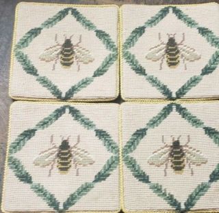 Vintage Bumble Bee Needlepoint Coasters Set Of 4 Finished