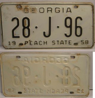 Vintage 1958 Georgia Peach State License Plate Car Tag 28 - J - 96 Upson County