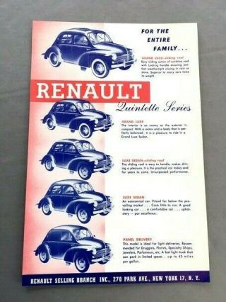 1951 Renault 4cv Sedan Panel Grand Vintage 1 - Page Car Brochure Collectors Card