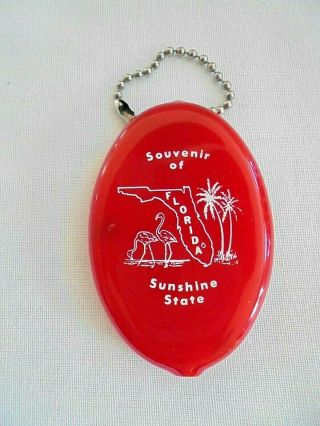 Vintage Souvenir Of Florida Red Rubber / Vinyl Oval Squeeze Coin Purse Keychain