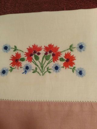 Vintage Pair Pillowcases Embroidered Colorful Flowers Red/ Blue