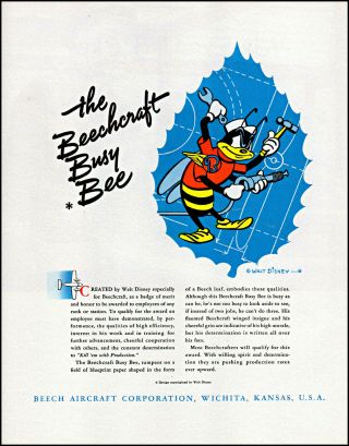1942 Walt Disney Art Beechcraft Busy Bee Beech Aircraft Vintage Print Ad Adl96