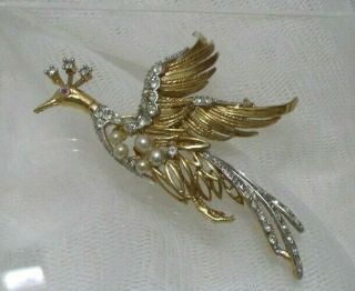 Vintage 1970 - 80s Clear Red Stones Faux Pearl Bird Of Paradise French Brooch Pin