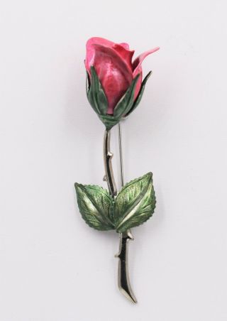 Vintage Pink Enamel Rose Bud Flower Stem Silver Plated Brooch Pin