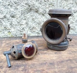 Antique Small Front & Rear Paraffin Red Glass Bicycle Cycle Lamps Lights