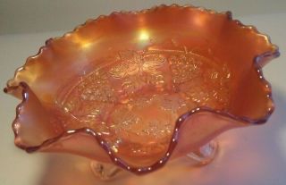 Vintage Carnival Glass Iridescent 8 " Ruffled Bowl With Grapes Motif 3 - Footed