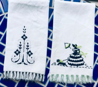 2 Vintage Hand Embroidered Linen Tea Towels Southern Belle And Classical Design