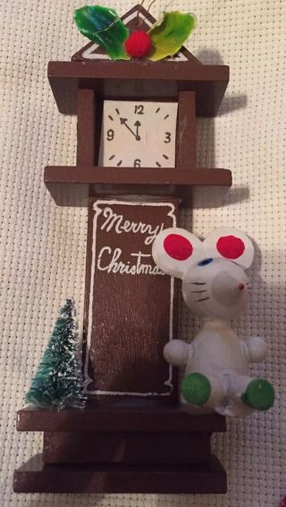 Vintage Wood Grandfather Clock Christmas Ornament W/white Mouse & Tree