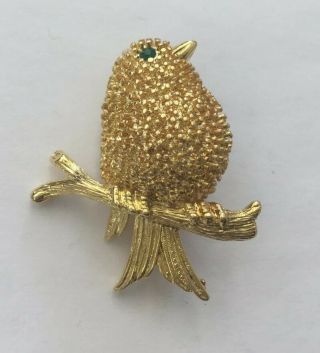 Vintage Gold Tone Costume Green Rhinestone Bird Pin Sae38