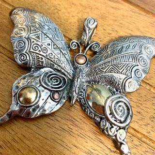 Large Butterfly Pendant - Silver Gold - Jewelry Making Euc Vintage Boho Art