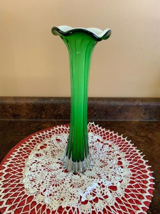 Vintage Blown Art Glass Vase Flower Green Stretch Swung 12”