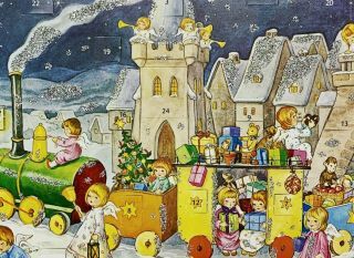 Vintage Kruger Advent Christmas Calendar West Germany Glitter Angels Train Toys