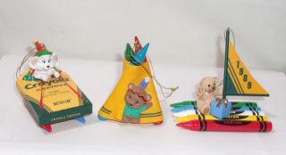 3 Vintage Crayola Crayon Christmas Tree Ornaments - Teepee,  Sled & Boat