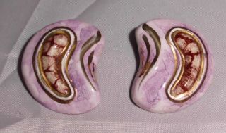 Vtg Gold Tone Purple Resin Polymer Clay Crescent Artist Clip Earrings